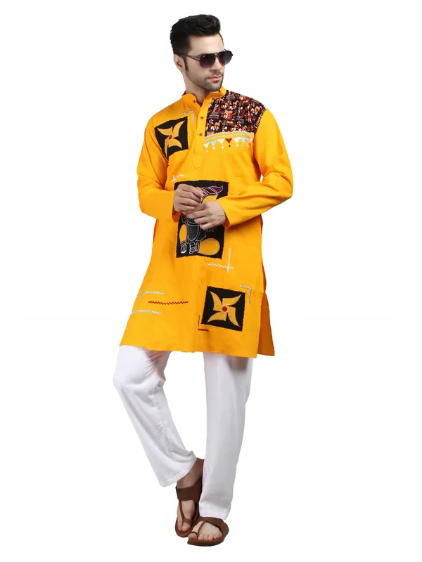 Mustard_Yellow_Cotton_Straight_Fit_Printed_Kurta_For_Men