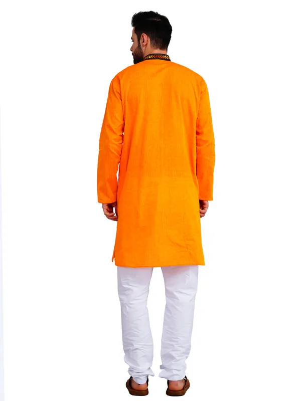 Orange_And_White_Cotton_Embroidered_Kurta_Pajama_Set_For_Men