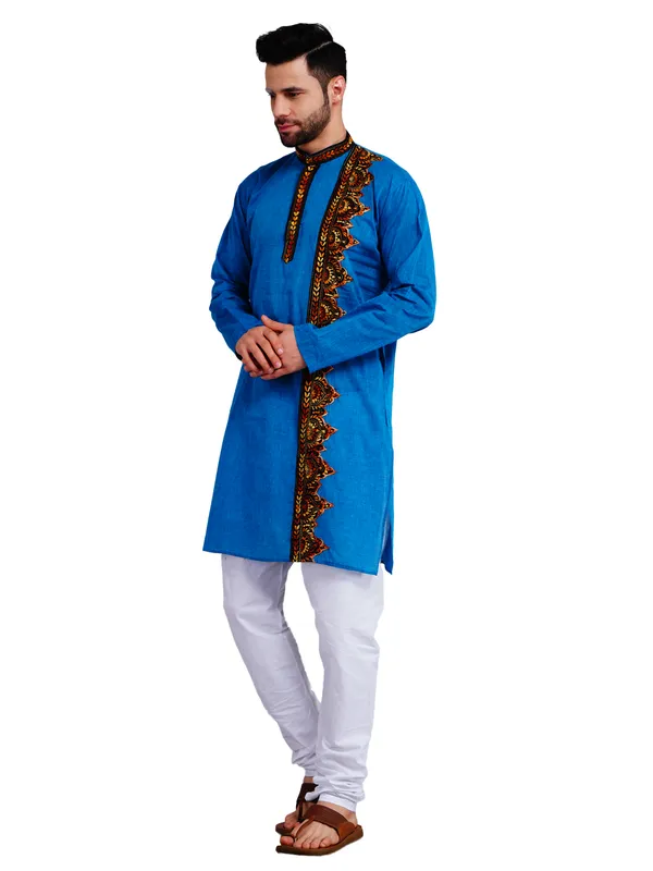 Blue_And_White_Cotton_Relaxed_Fit_Embroidered_Panel_Kurta_For_Men