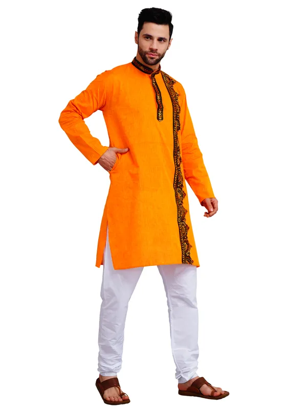 Orange_And_White_Cotton_Embroidered_Kurta_Pajama_Set_For_Men