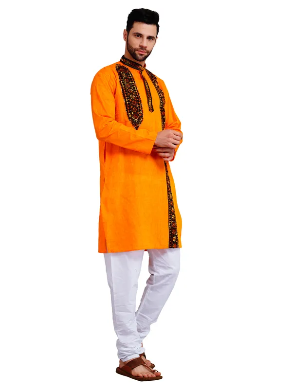 Orange_And_White_Cotton_Embroidered_Kurta_Pajama_Set_For_Men