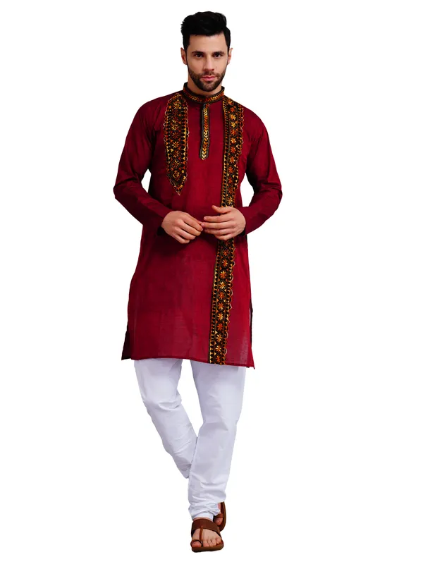 Maroon_And_White_Cotton_Straight_Fit_Embroidered_Kurta_Pajama_Set_For_Men