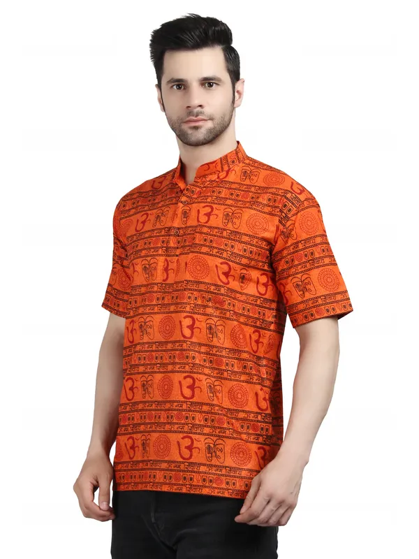 Orange_Cotton_Relaxed_Fit_Om_Print_Short_Sleeve_Kurta_For_Men