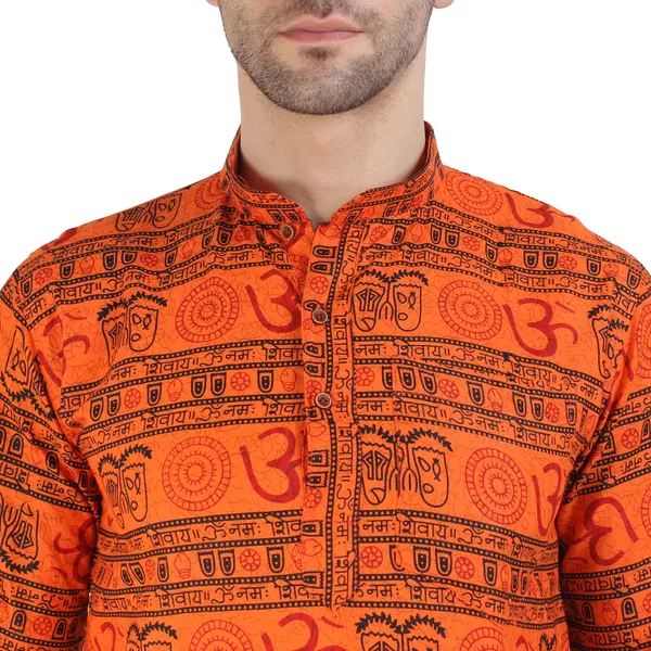 Orange_Cotton_Regular_Fit_Om_Print_Full_Sleeve_Short_Kurta_For_Men