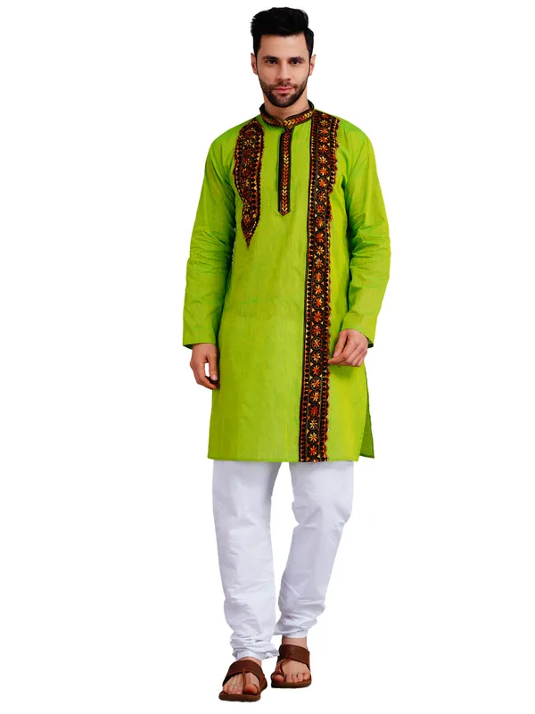 Green_And_White_Cotton_Straight_Fit_Embroidered_Kurta_Pajama_Set_For_Men