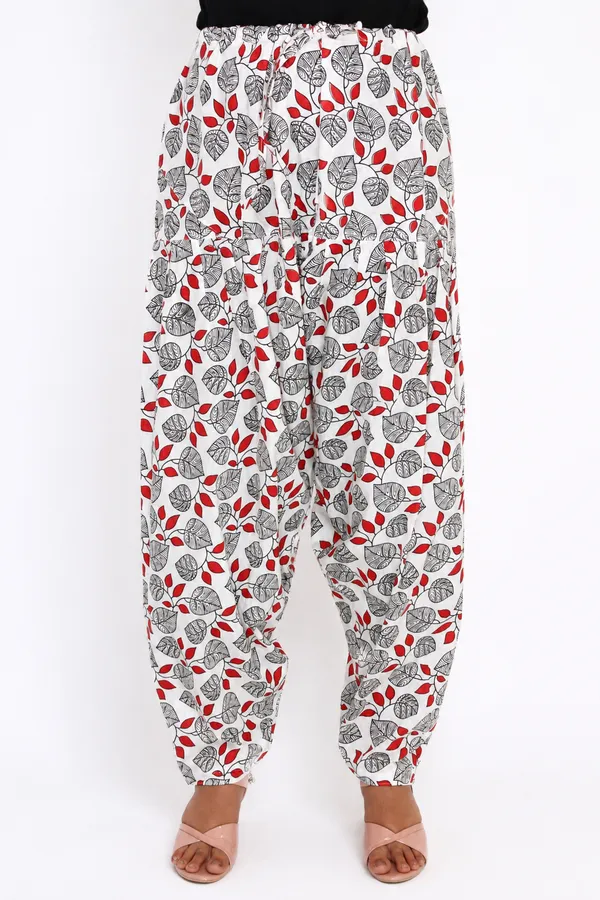 White_Cotton_Harem_Floral_Print_Pants_For_Women