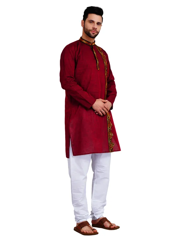 Maroon_And_White_Cotton_Straight_Fit_Embroidered_Kurta_Pajama_Set_For_Men