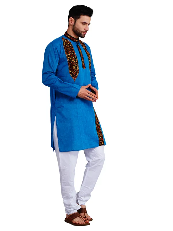 Blue_And_White_Cotton_Relaxed_Fit_Embroidered_Panel_Kurta_For_Men