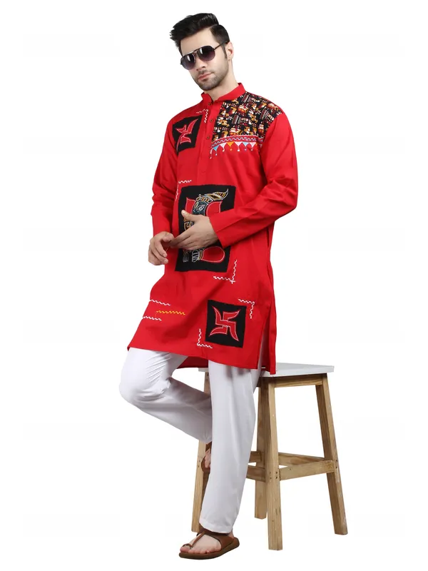 Red_Cotton_Straight_Fit_Embroidered_Ethnic_Kurta_For_Men