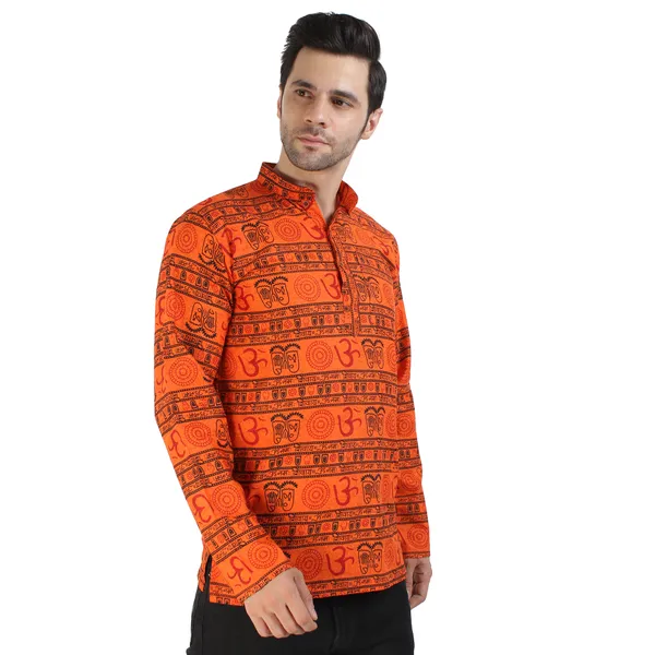 Orange_Cotton_Regular_Fit_Om_Print_Full_Sleeve_Short_Kurta_For_Men
