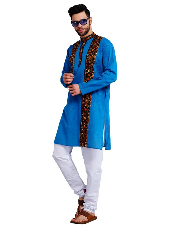 Blue_And_White_Cotton_Relaxed_Fit_Embroidered_Panel_Kurta_For_Men