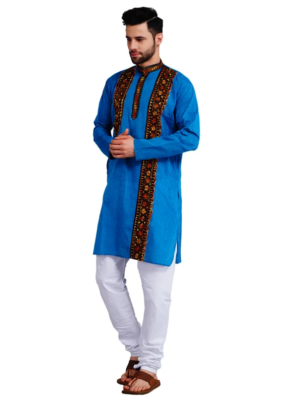 Blue_And_White_Cotton_Relaxed_Fit_Embroidered_Panel_Kurta_For_Men
