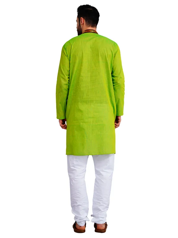 Green_And_White_Cotton_Straight_Fit_Embroidered_Kurta_Pajama_Set_For_Men