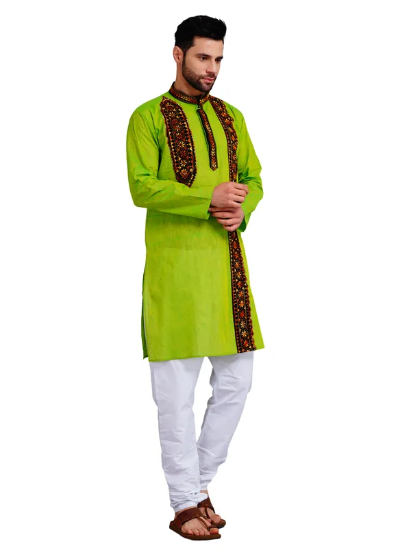 Green_And_White_Cotton_Straight_Fit_Embroidered_Kurta_Pajama_Set_For_Men