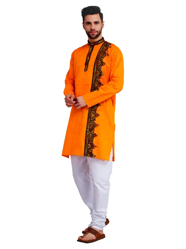 Orange_And_White_Cotton_Embroidered_Kurta_Pajama_Set_For_Men