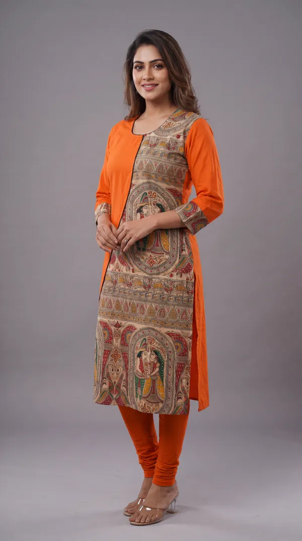 Orange_Madhubani_Art_Printed_Cotton_Straight_Kurti_for_Women