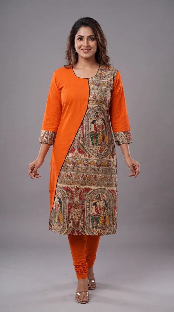 Orange_Madhubani_Art_Printed_Cotton_Straight_Kurti_for_Women