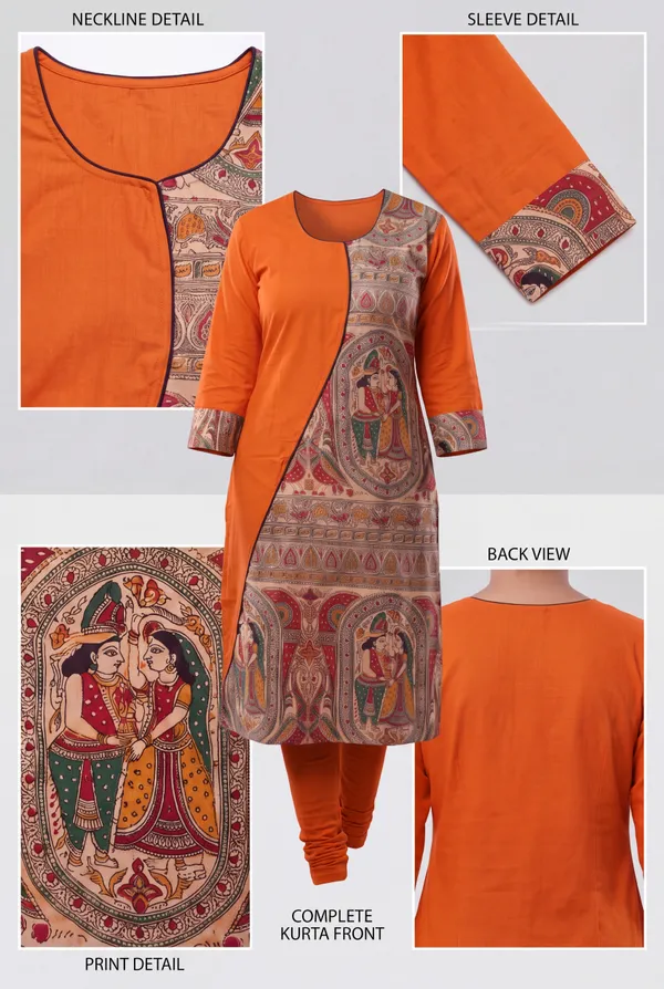 Orange_Madhubani_Art_Printed_Cotton_Straight_Kurti_for_Women