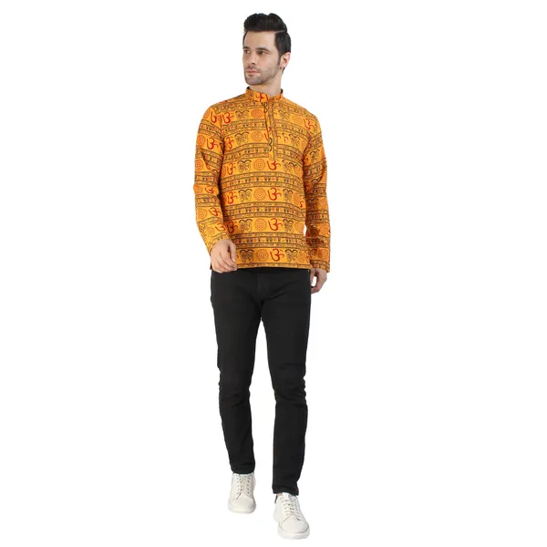 Yellow_Cotton_Printed_Mandarin_Collar_Kurta_For_Men
