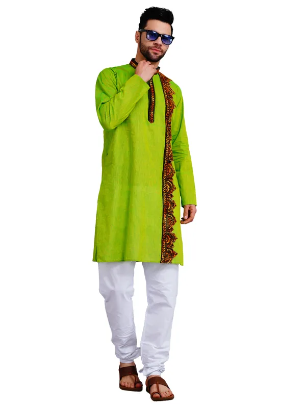 Green_And_White_Cotton_Straight_Fit_Embroidered_Kurta_Pajama_Set_For_Men
