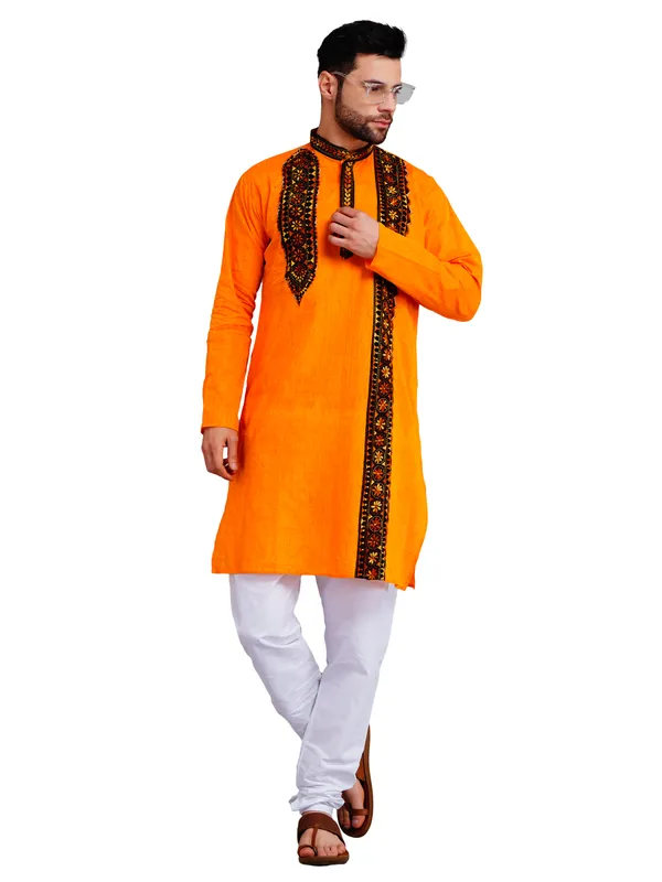 Orange_And_White_Cotton_Embroidered_Kurta_Pajama_Set_For_Men