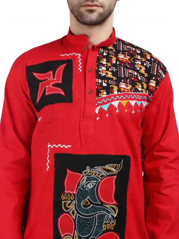 Red_Cotton_Straight_Fit_Embroidered_Ethnic_Kurta_For_Men