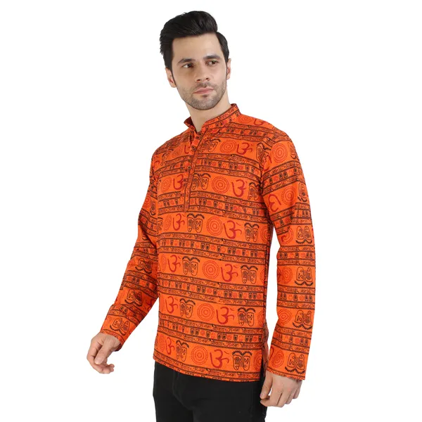 Orange_Cotton_Regular_Fit_Om_Print_Full_Sleeve_Short_Kurta_For_Men