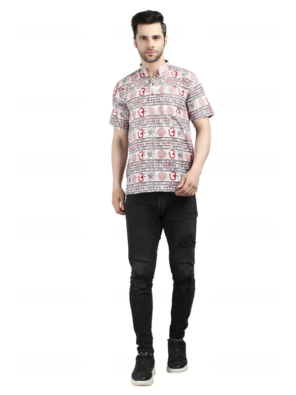 White_And_Red_Cotton_Ethnic_Print_Mandarin_Collar_Shirt_For_Men