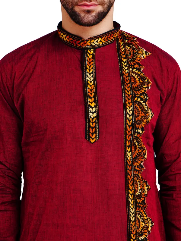 Maroon_And_White_Cotton_Straight_Fit_Embroidered_Kurta_Pajama_Set_For_Men