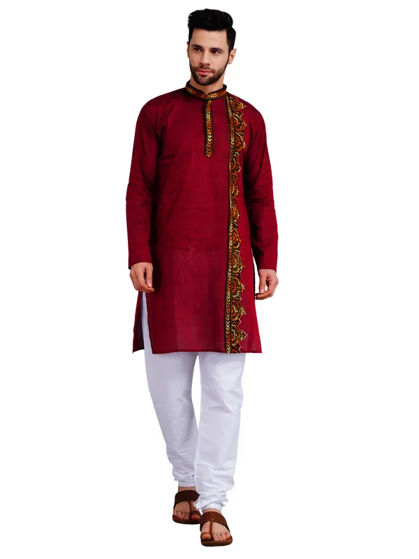 Maroon_And_White_Cotton_Straight_Fit_Embroidered_Kurta_Pajama_Set_For_Men