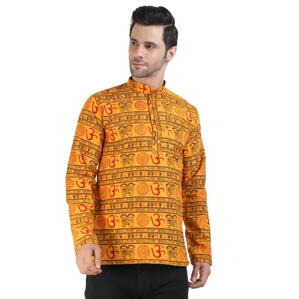 Yellow_Cotton_Printed_Mandarin_Collar_Kurta_For_Men