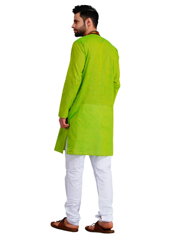 Green_And_White_Cotton_Straight_Fit_Embroidered_Kurta_Pajama_Set_For_Men