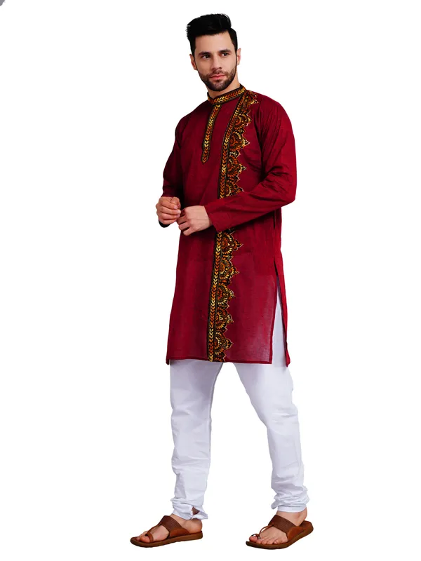 Maroon_And_White_Cotton_Straight_Fit_Embroidered_Kurta_Pajama_Set_For_Men
