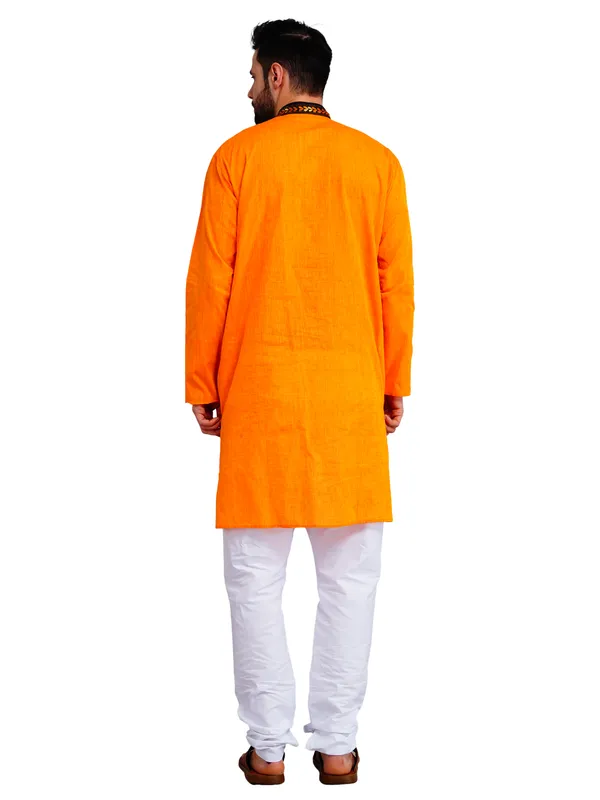 Orange_And_White_Cotton_Embroidered_Kurta_Pajama_Set_For_Men