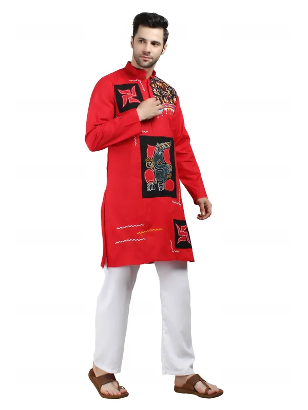 Red_Cotton_Straight_Fit_Embroidered_Ethnic_Kurta_For_Men