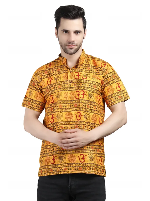 Yellow_Cotton_Regular_Fit_Om_Print_Short_Kurta_For_Men