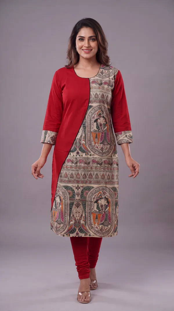Red_Madhubani_Art_Printed_Cotton_Straight_Kurti_for_Women