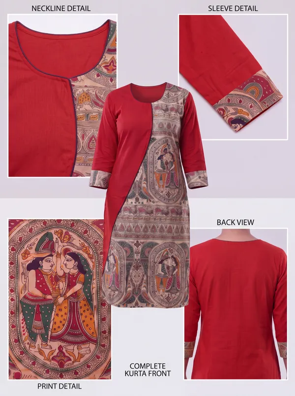 Red_Madhubani_Art_Printed_Cotton_Straight_Kurti_for_Women