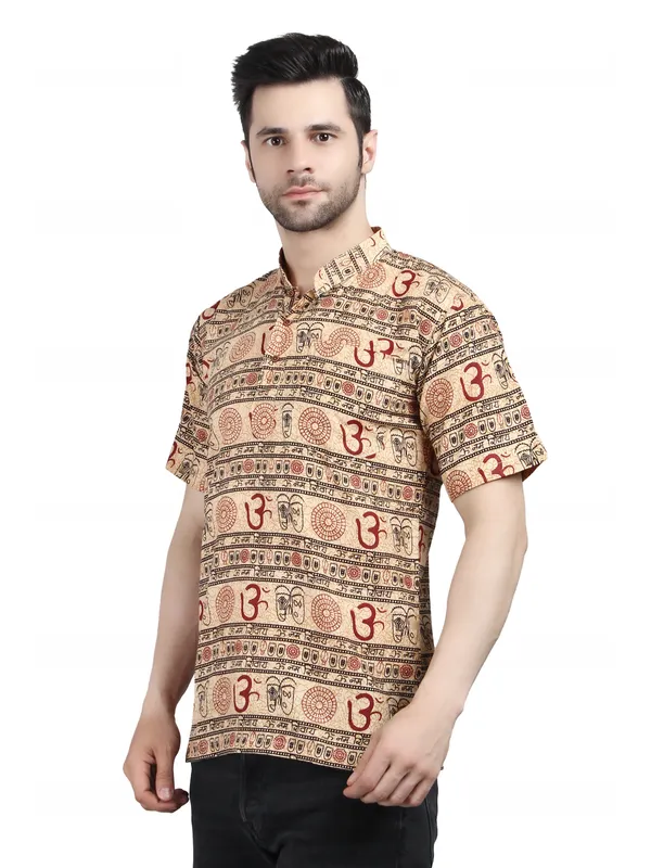 Beige_Cotton_Regular_Fit_Om_Print_Short_Kurta_For_Men