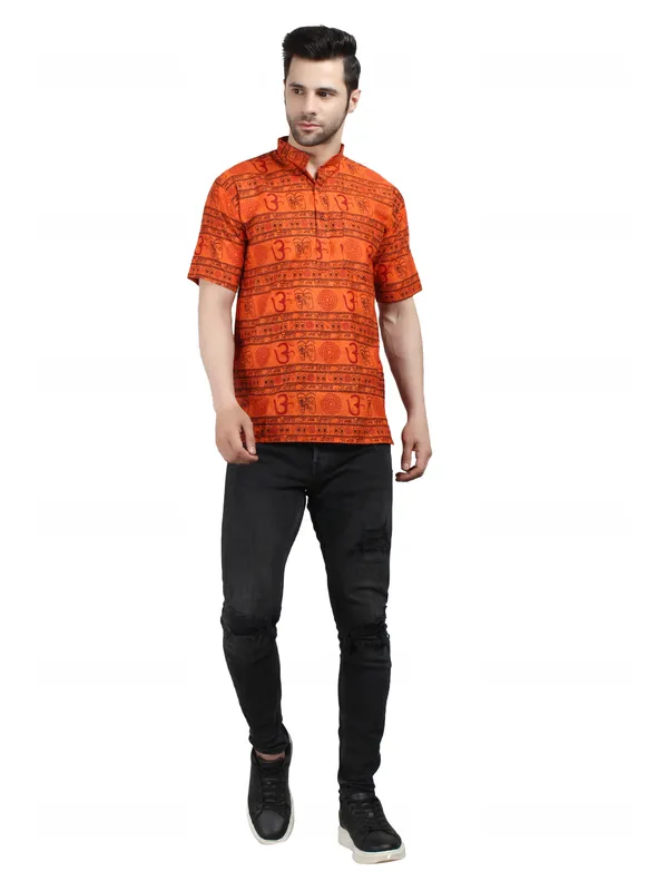 Orange_Cotton_Relaxed_Fit_Om_Print_Short_Sleeve_Kurta_For_Men