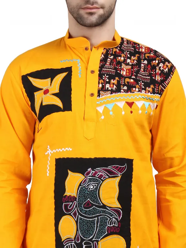 Mustard_Yellow_Cotton_Straight_Fit_Printed_Kurta_For_Men