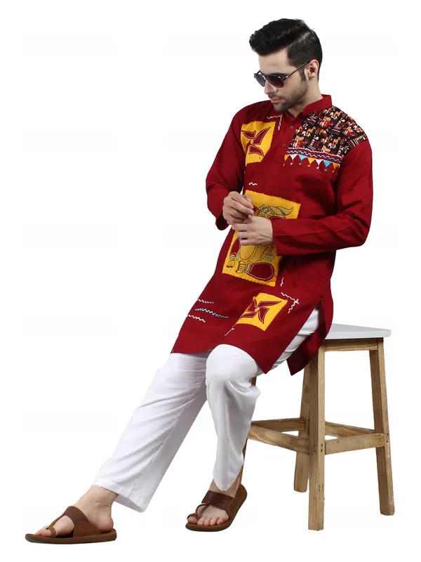 Maroon_Cotton_Straight_Fit_Embroidered_Kurta_Pajama_Set_For_Men