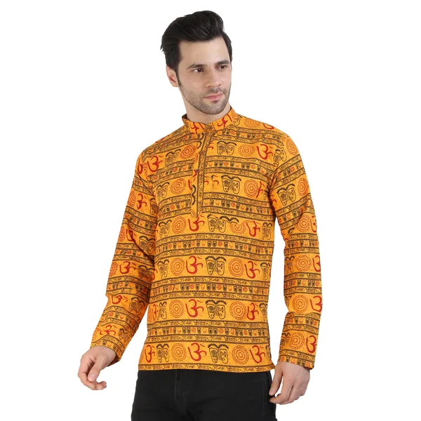 Yellow_Cotton_Printed_Mandarin_Collar_Kurta_For_Men