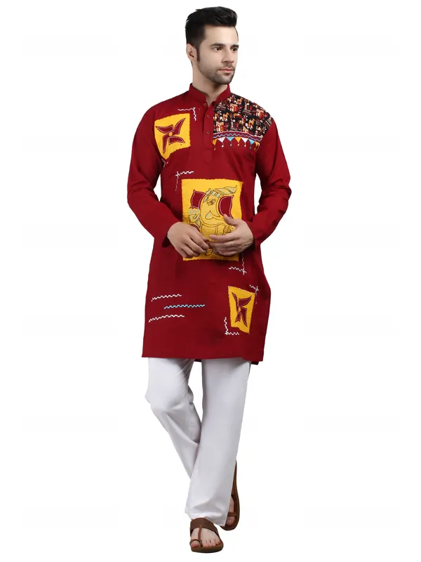 Maroon_Cotton_Straight_Fit_Embroidered_Kurta_Pajama_Set_For_Men