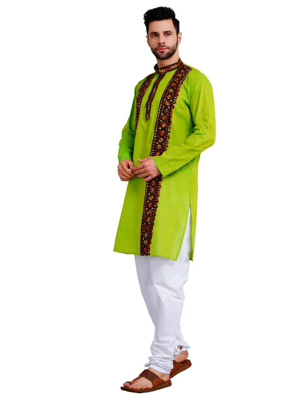 Green_And_White_Cotton_Straight_Fit_Embroidered_Kurta_Pajama_Set_For_Men