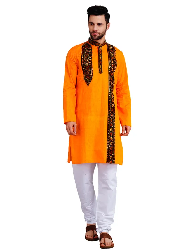 Orange_And_White_Cotton_Embroidered_Kurta_Pajama_Set_For_Men