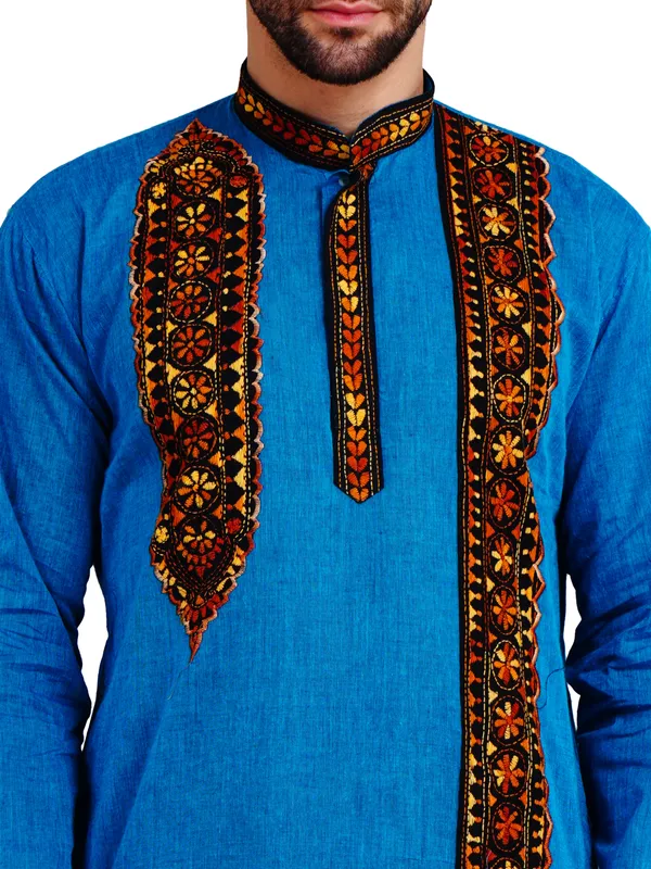 Blue_And_White_Cotton_Relaxed_Fit_Embroidered_Panel_Kurta_For_Men