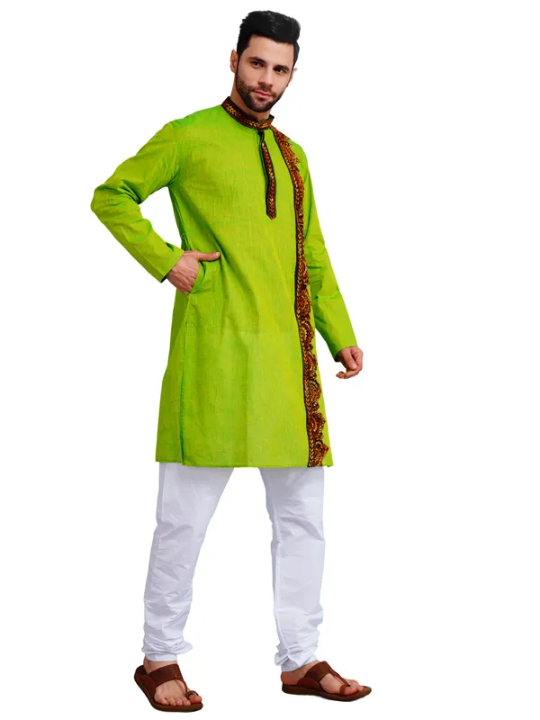 Green_And_White_Cotton_Straight_Fit_Embroidered_Kurta_Pajama_Set_For_Men