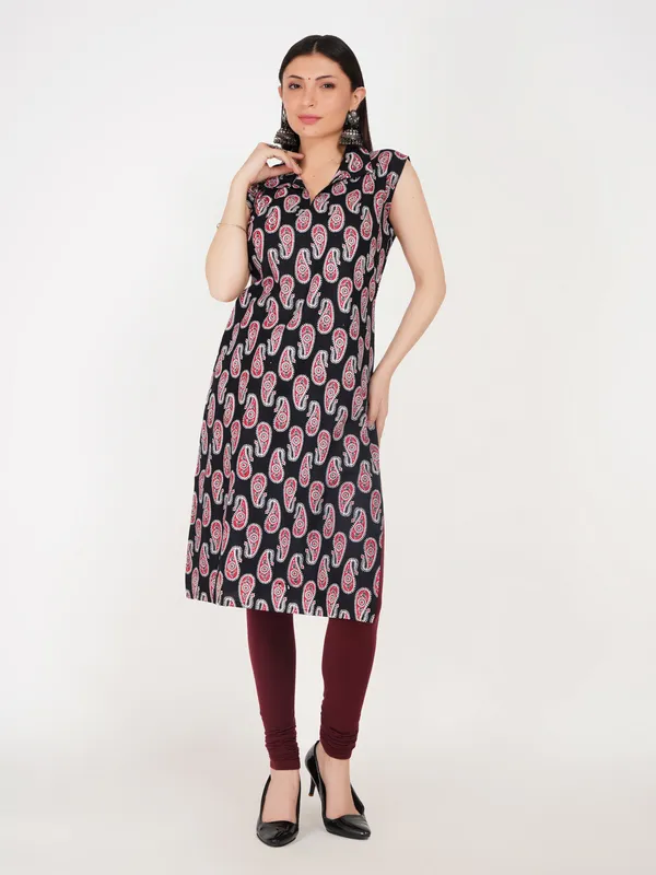 Black_And_Pink_Cotton_Sleeveless_Paisley_Print_Kurta_For_Women