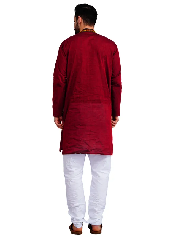 Maroon_And_White_Cotton_Straight_Fit_Embroidered_Kurta_Pajama_Set_For_Men